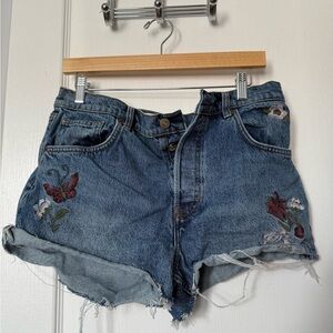 Reformation Blue Jean Shorts with Floral Embroidery